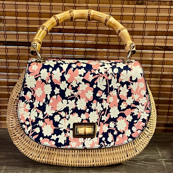 Talbots Handbags - Talbots Navy Floral wicker/rattan bag with bamboo handles. NWOT